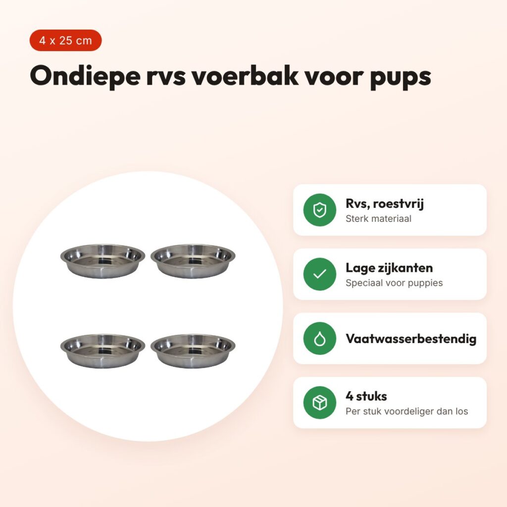 Happy Pet rvs voerbak ondiep 25 cm – puppy – multipack 4 stuks – voordelen