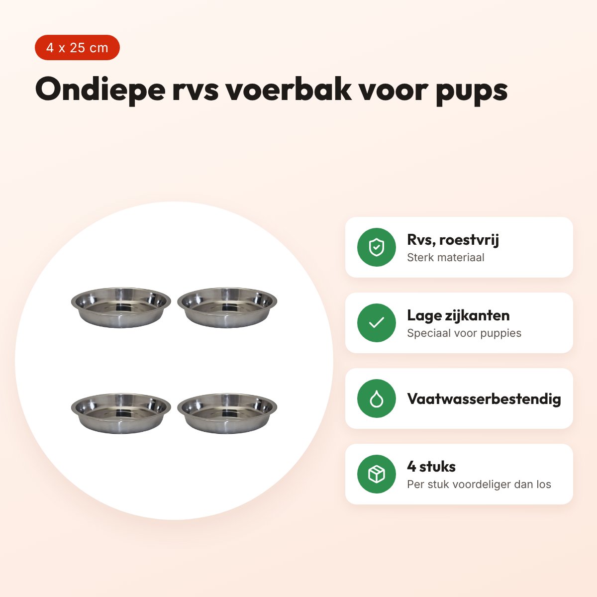 Happy Pet rvs voerbak ondiep 25 cm – puppy – multipack 4 stuks – voordelen