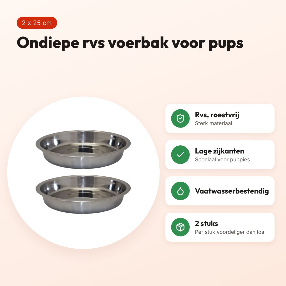 Happy Pet rvs voerbak puppy ondiep 25 cm – multipack 2 stuks – voordelen