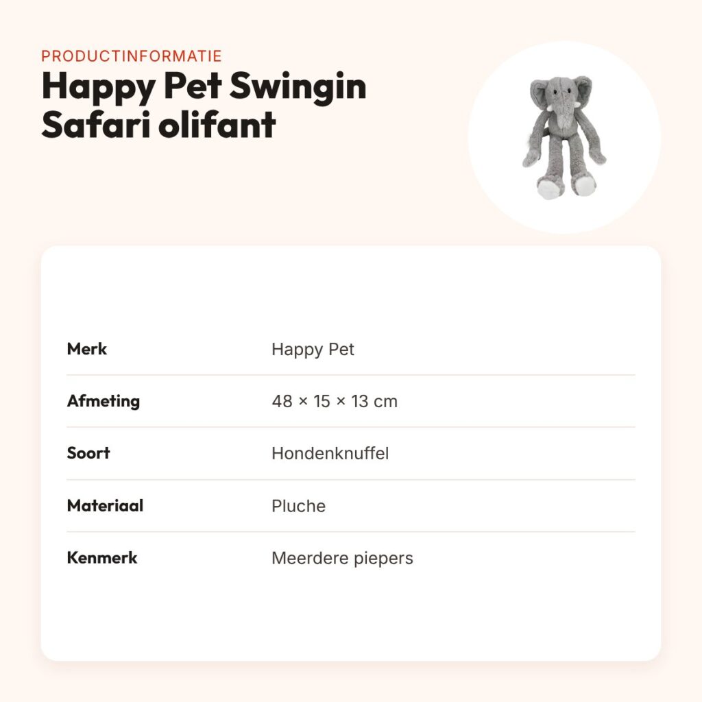Happy Pet Swingin Safari hondenknuffel olifant 48 x 15 x 13 cm – productinformatie
