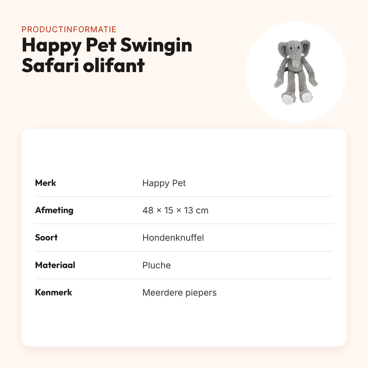 Happy Pet Swingin Safari hondenknuffel olifant 48 x 15 x 13 cm – productinformatie