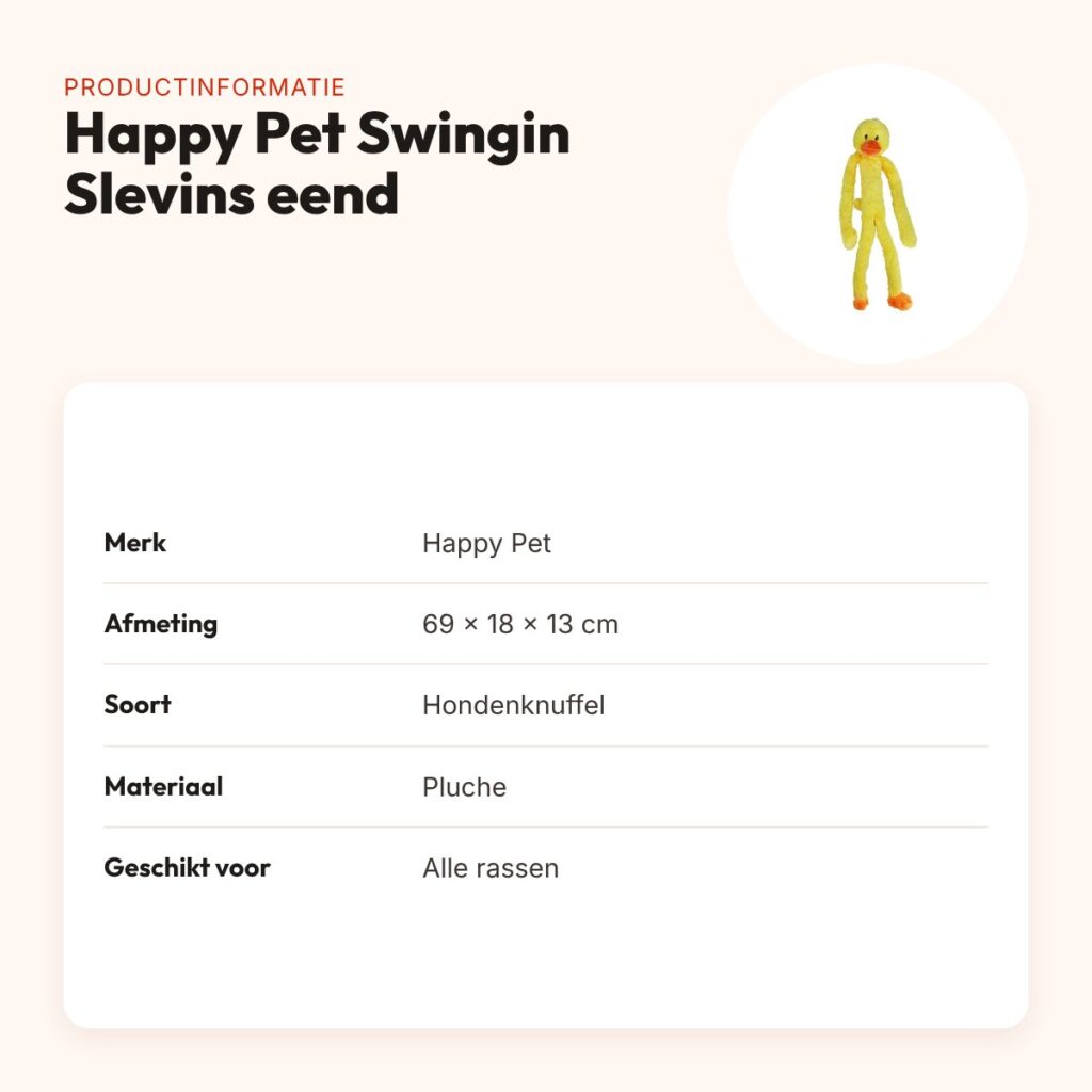 Happy Pet Swingin Slevins hondenknuffel eend 69 x 18 x 13 cm – met piepers – productinformatie