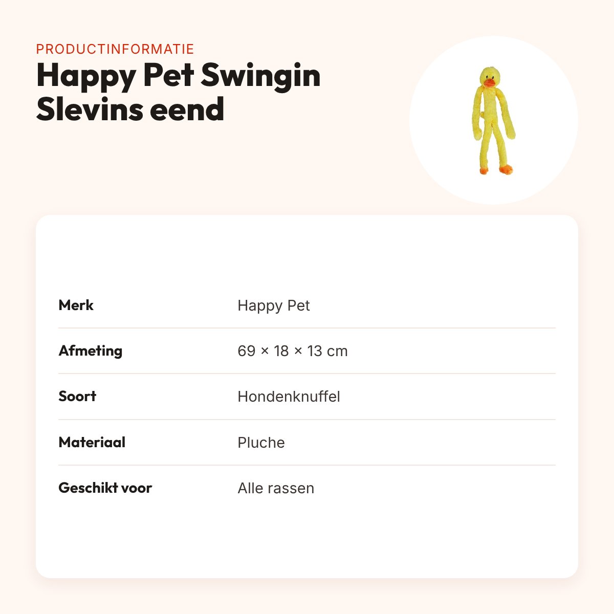 Happy Pet Swingin Slevins hondenknuffel eend 69 x 18 x 13 cm – met piepers – productinformatie