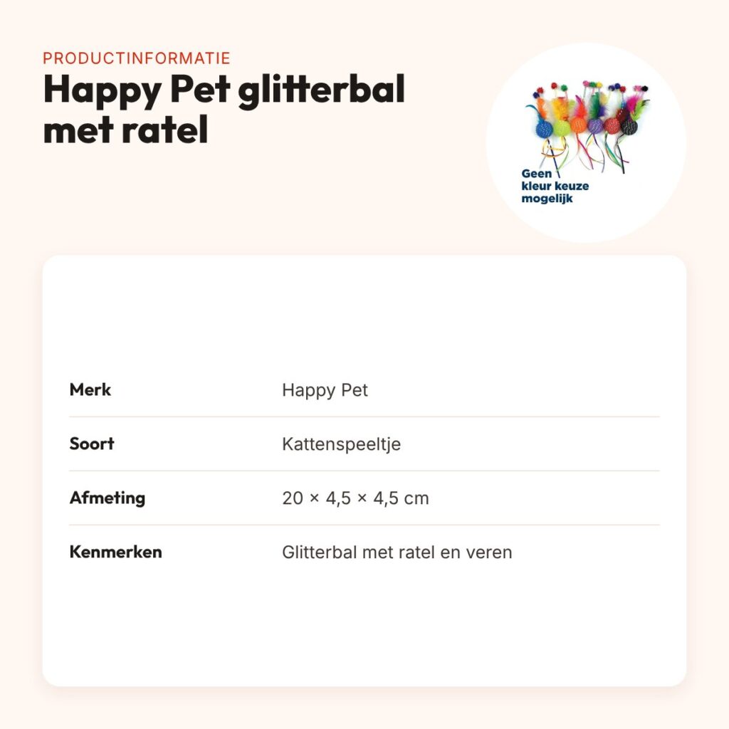 Happy Pet Tabby Patch glitterbal met ratel en veren 20 x 4,5 cm – productinformatie