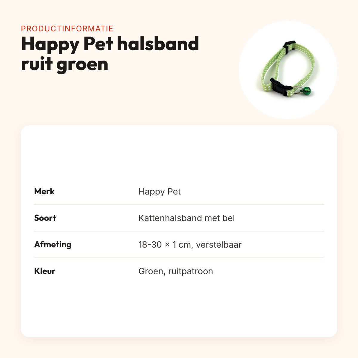 Happy Pet Tabby Patch kattenhalsband ruit groen 18-30 cm – met bel – productinformatie