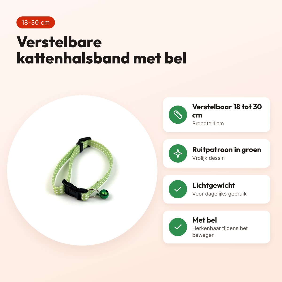 Happy Pet Tabby Patch kattenhalsband ruit groen 18-30 cm – met bel – voordelen