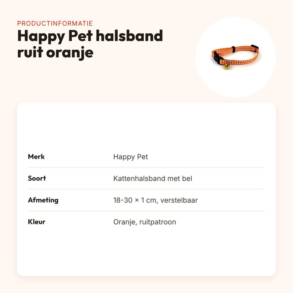 Happy Pet Tabby Patch kattenhalsband ruit oranje 18-30 cm – met bel – productinformatie