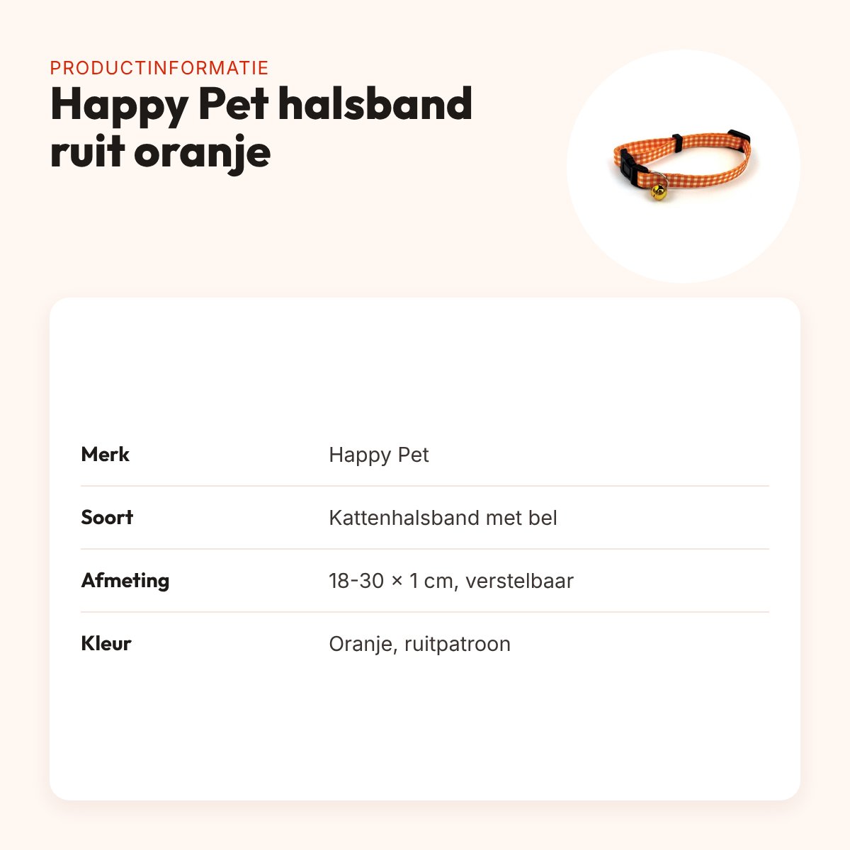 Happy Pet Tabby Patch kattenhalsband ruit oranje 18-30 cm – met bel – productinformatie