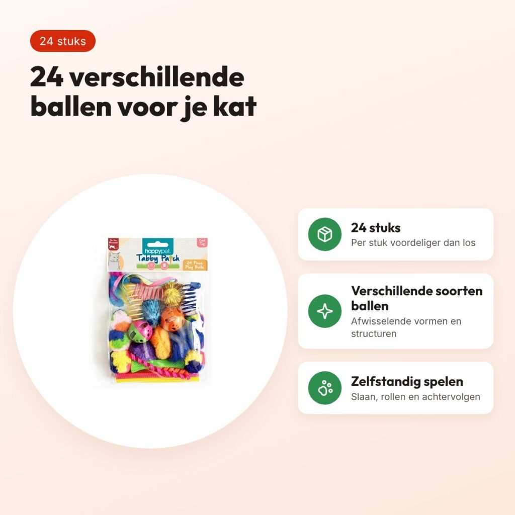 Happy Pet Tabby Patch kattenspeelgoed ballen multipack 24 stuks – voordelen