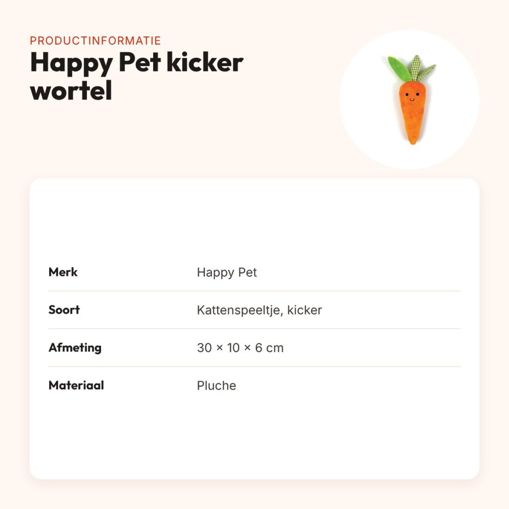 Happy Pet Tabby Patch kicker wortel 30 x 10 x 6 cm – pluche kattenspeeltje – productinformatie
