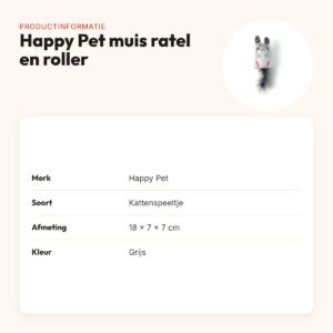 Happy Pet Tabby Patch muis met ratel en roller grijs 18 x 7 x 7 cm – productinformatie