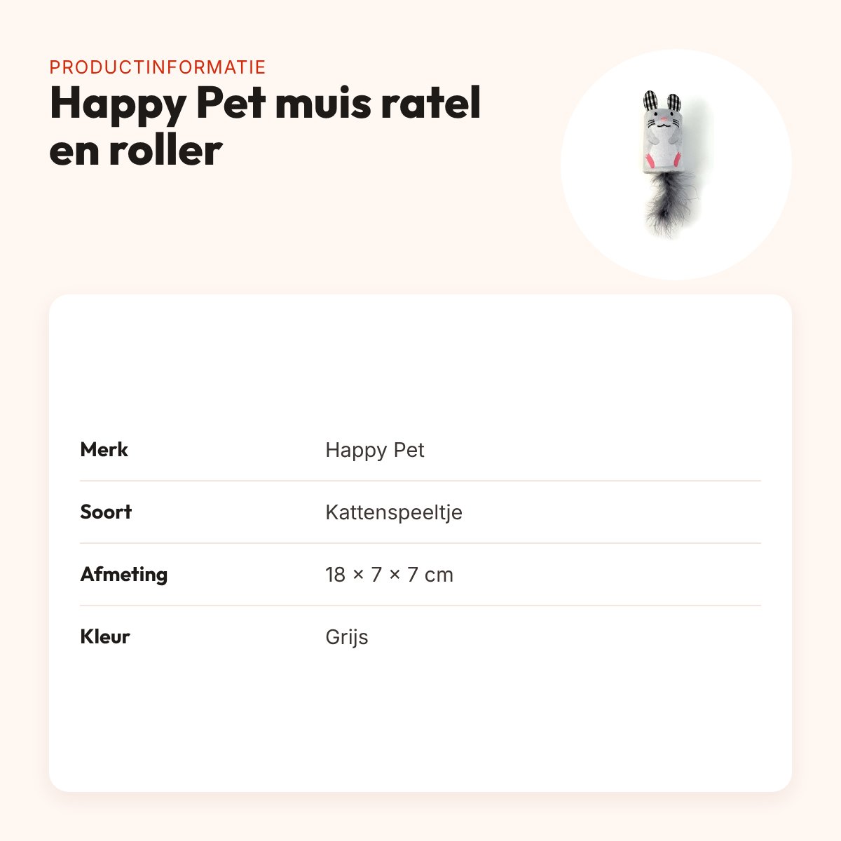 Happy Pet Tabby Patch muis met ratel en roller grijs 18 x 7 x 7 cm – productinformatie