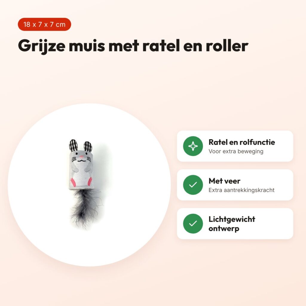Happy Pet Tabby Patch muis met ratel en roller grijs 18 x 7 x 7 cm – voordelen