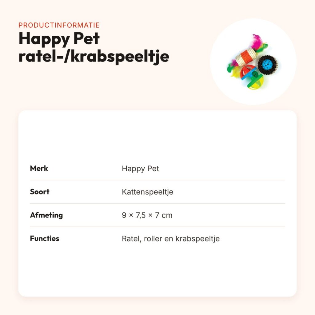 Happy Pet Tabby Patch ratel, roller en krabspeeltje voor katten 9 x 7,5 cm – productinformatie