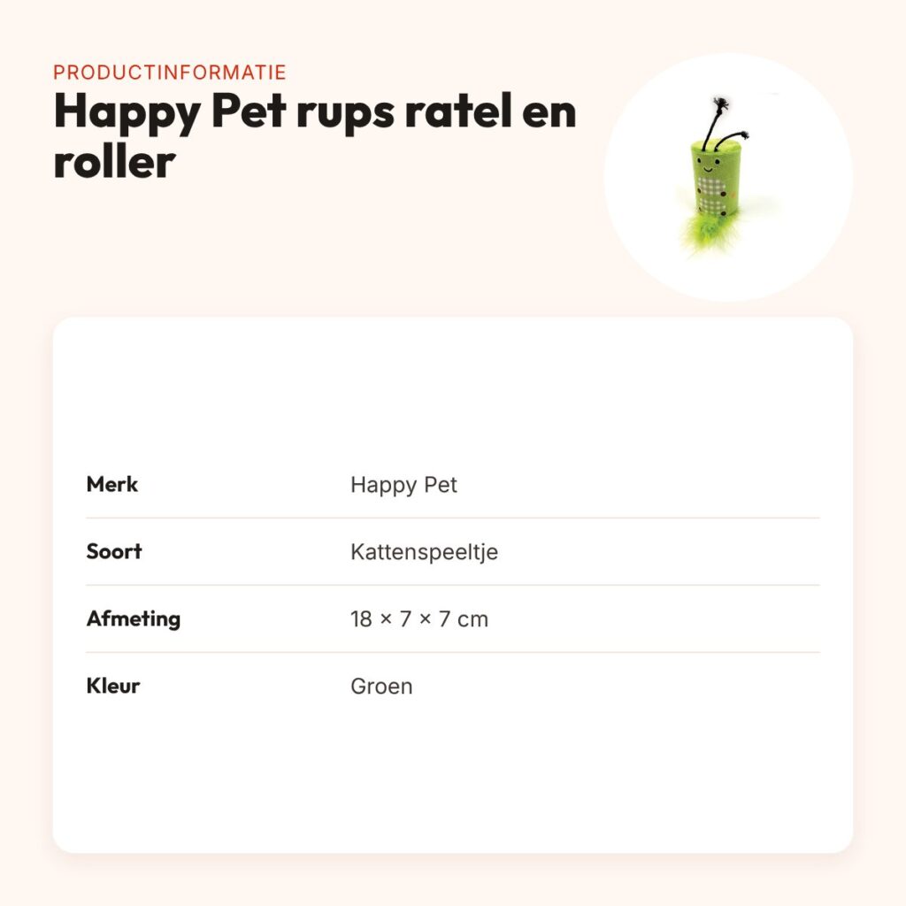 Happy Pet Tabby Patch rups met ratel en roller groen 18 x 7 x 7 cm – productinformatie