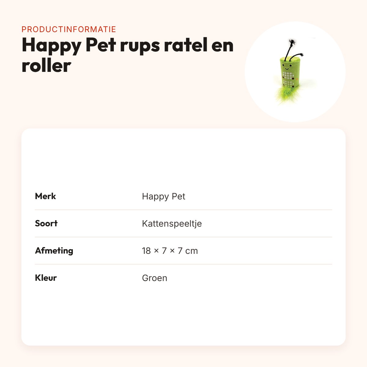 Happy Pet Tabby Patch rups met ratel en roller groen 18 x 7 x 7 cm – productinformatie
