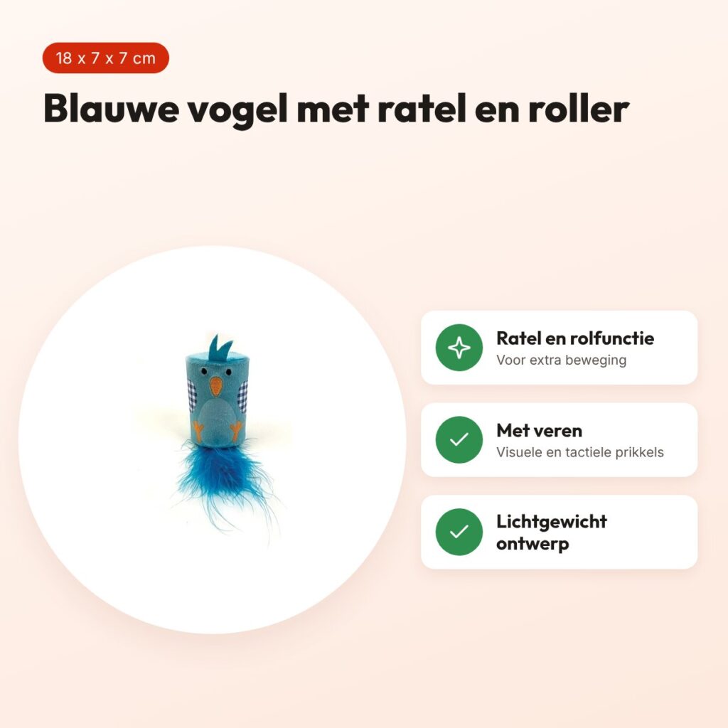Happy Pet Tabby Patch vogel met ratel en roller blauw 18 x 7 x 7 cm – voordelen
