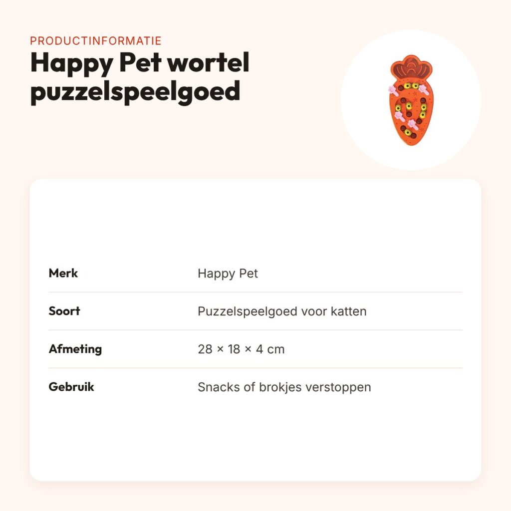 Happy Pet Tabby Patch wortel puzzelspeelgoed voor katten 28 x 18 x 4 cm – productinformatie
