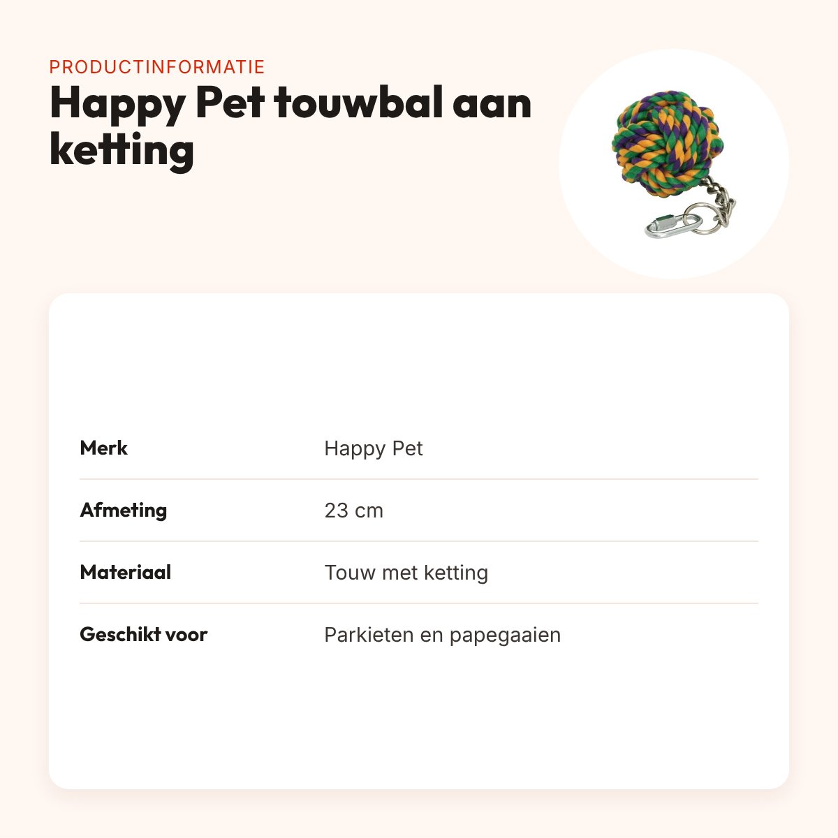 Happy Pet touwbal aan ketting voor vogels 23 cm – kleurrijk – productinformatie