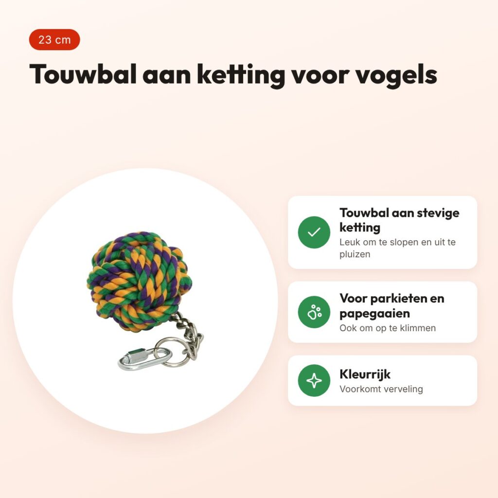 Happy Pet touwbal aan ketting voor vogels 23 cm – kleurrijk – voordelen