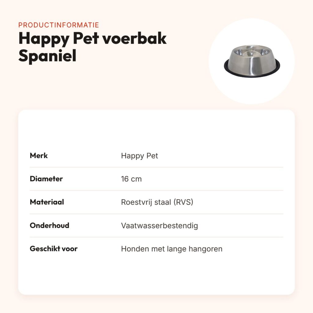 Happy Pet voerbak antislip Spaniel RVS 16 cm – voor lange hangoren – productinformatie
