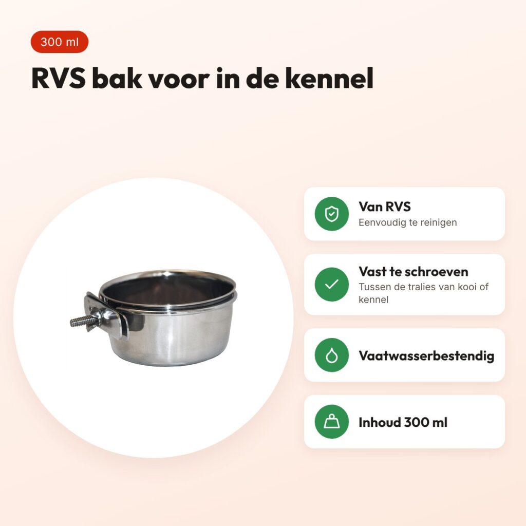Happy Pet voerbak Bolt On 300 ml – RVS, vast te schroeven in kennel – voordelen