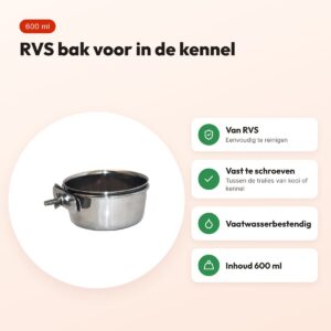 Happy Pet voerbak Bolt On 600 ml – RVS, vast te schroeven in kennel – voordelen
