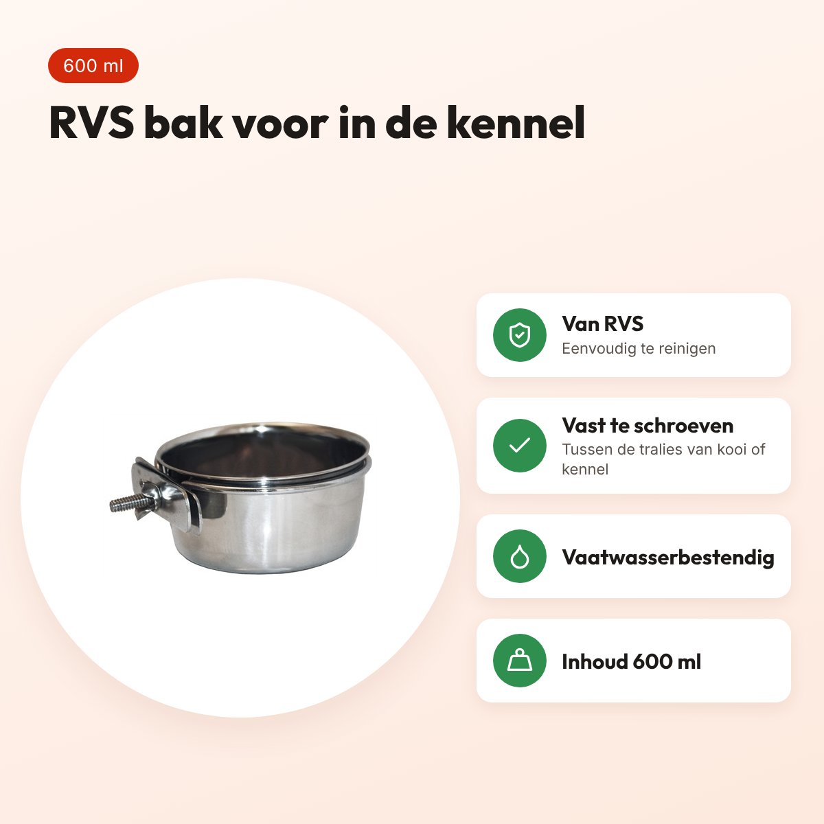 Happy Pet voerbak Bolt On 600 ml – RVS, vast te schroeven in kennel – voordelen
