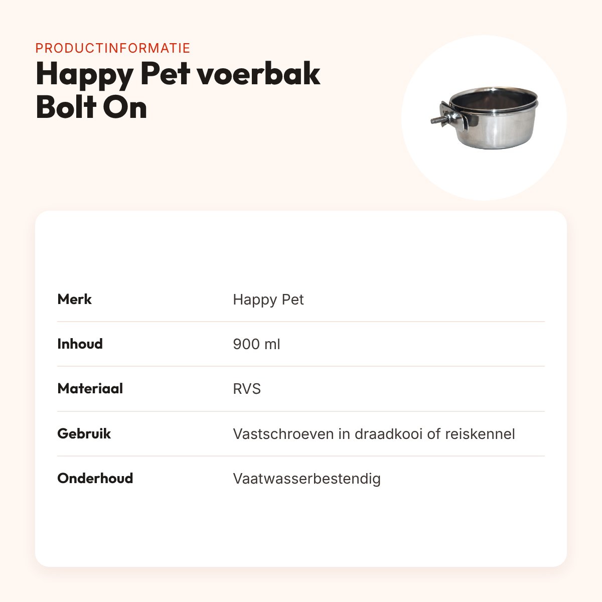 Happy Pet voerbak Bolt On 900 ml – RVS, vast te schroeven in kennel – productinformatie