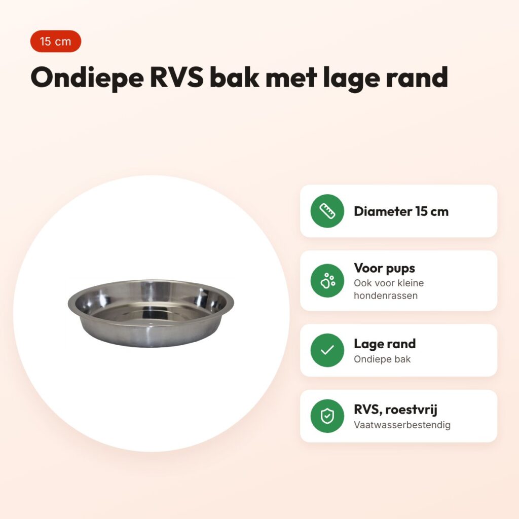 Happy Pet voerbak Pup ondiep RVS 15 cm – lage rand – voordelen