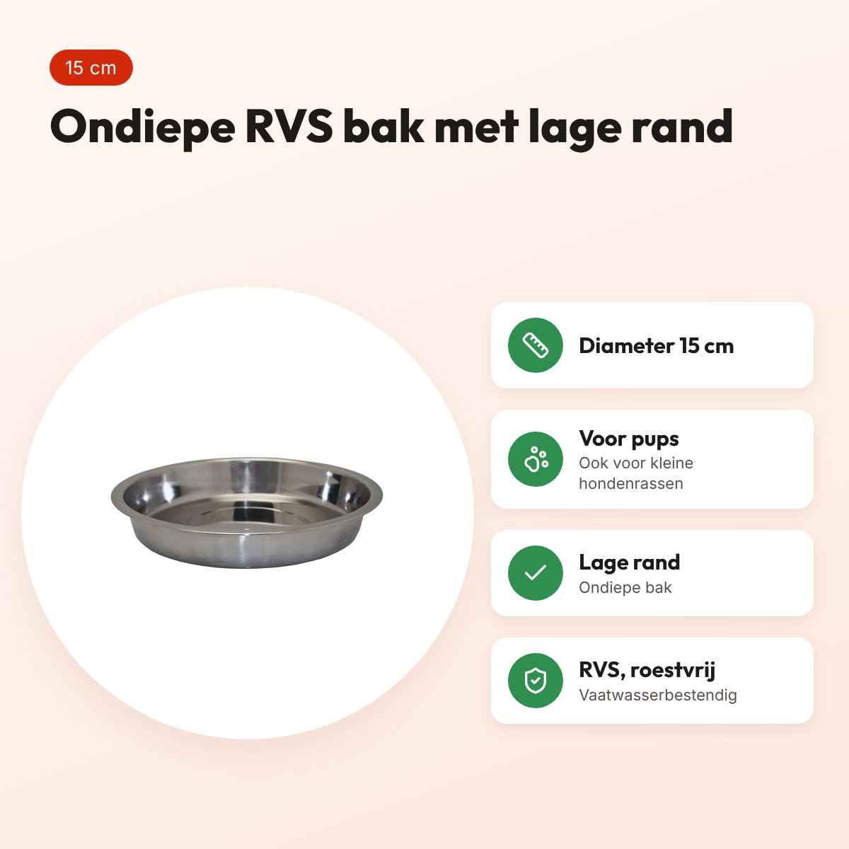 Happy Pet voerbak Pup ondiep RVS 15 cm – lage rand – voordelen