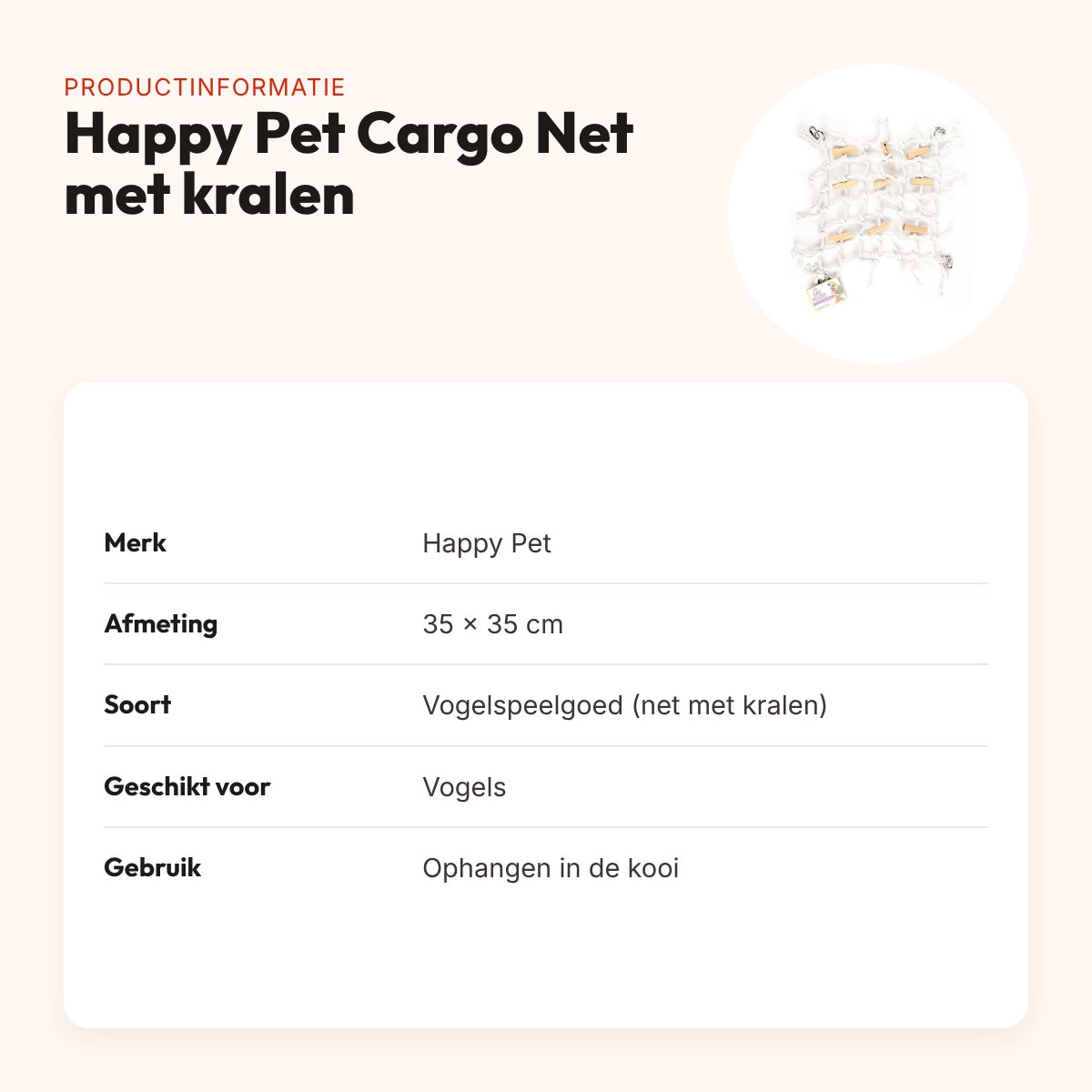 Happy Pet vogelspeelgoed Cargo Net met kralen 35 x 35 cm – productinformatie