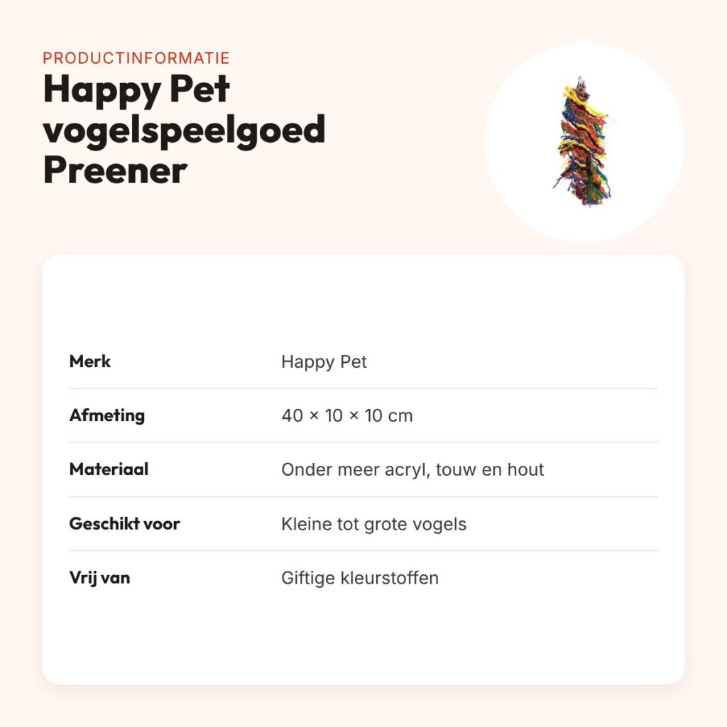 Happy Pet vogelspeelgoed Preener 40 x 10 x 10 cm – katoen, kleurrijk – productinformatie