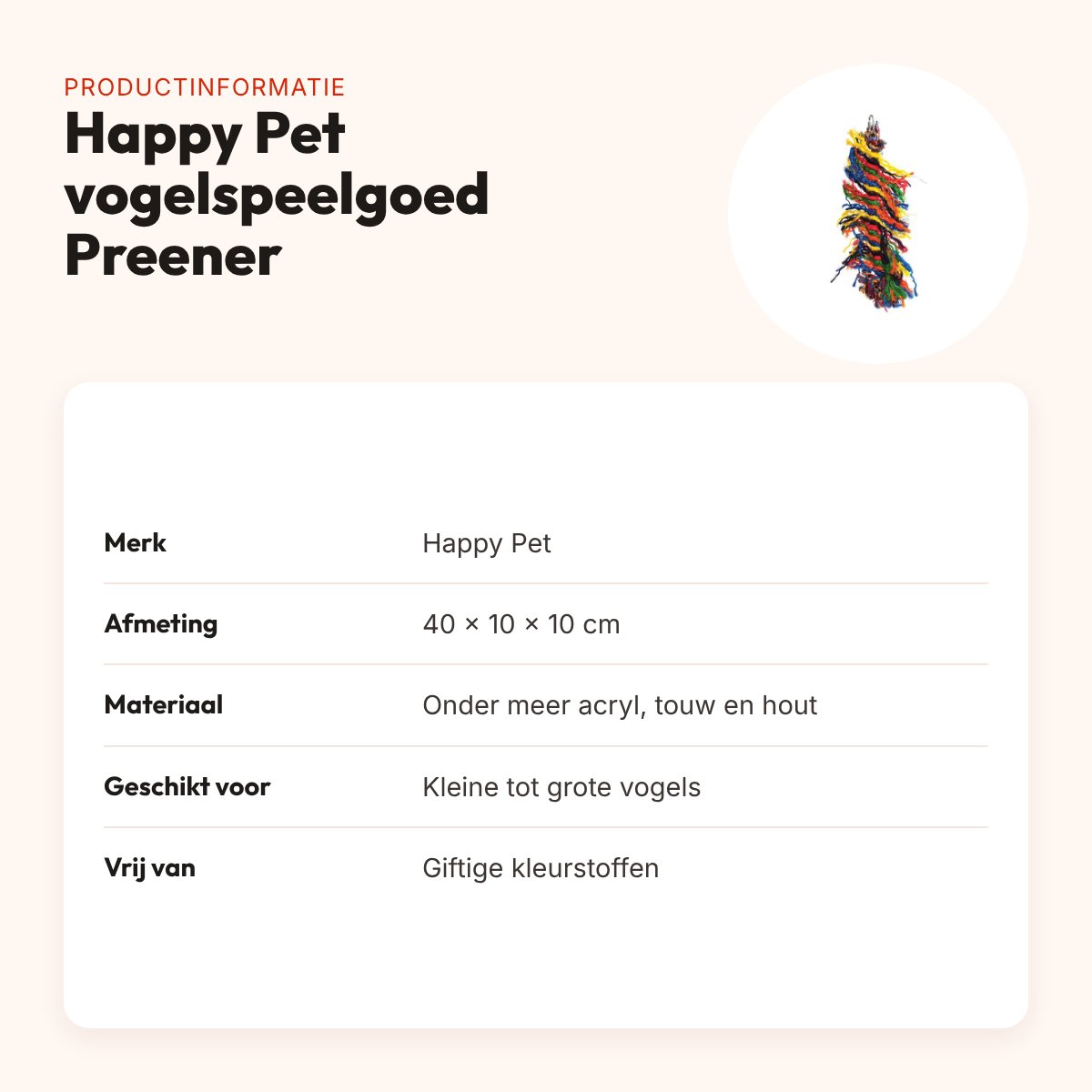 Happy Pet vogelspeelgoed Preener 40 x 10 x 10 cm – katoen, kleurrijk – productinformatie