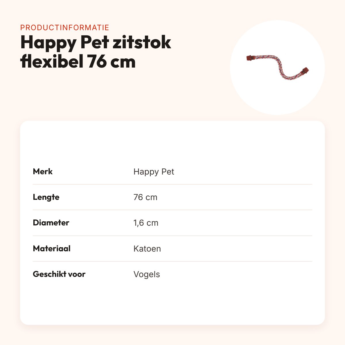 Happy Pet vogelzitstok flexibel katoen 76 cm – diameter 1,6 cm – productinformatie