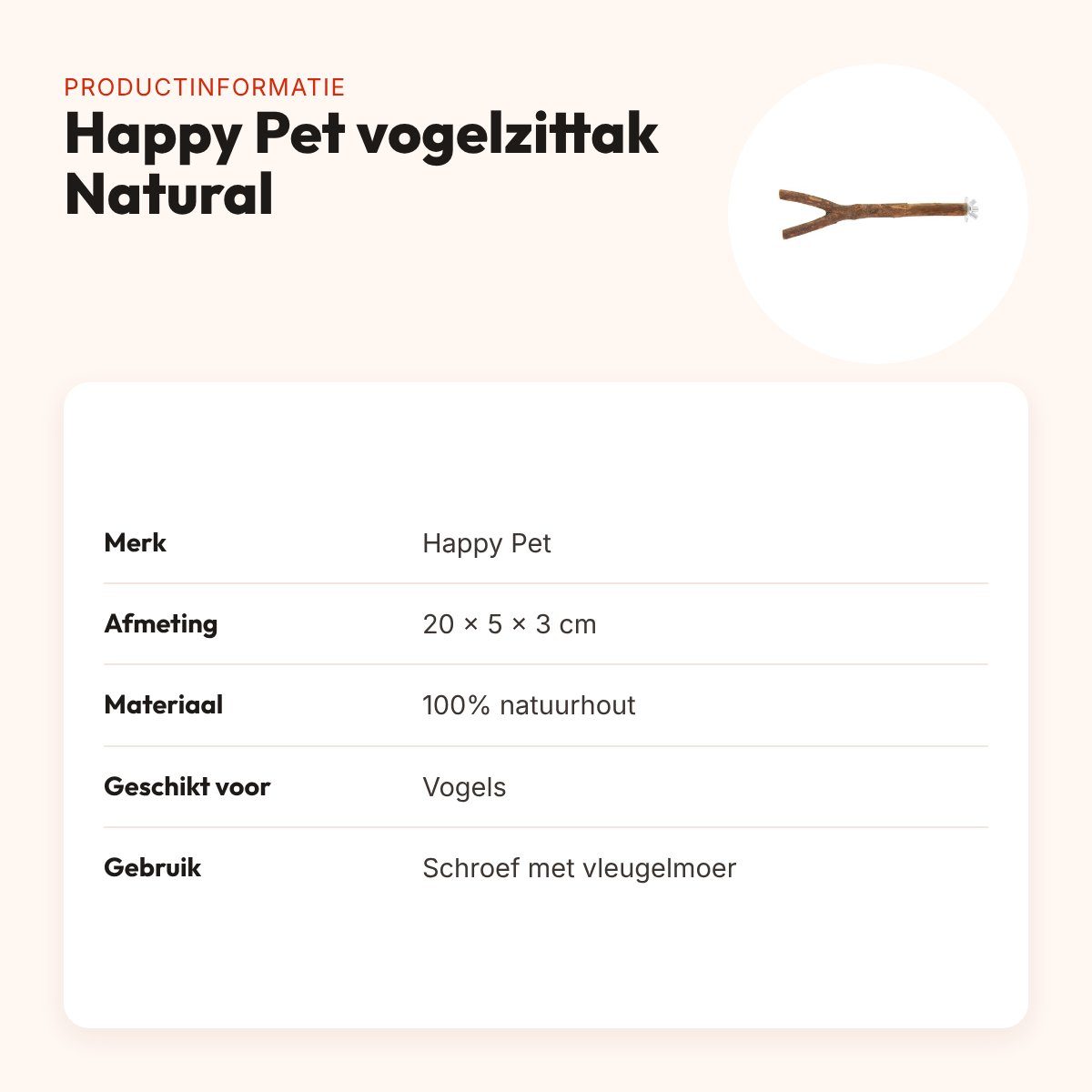 Happy Pet vogelzittak Natural 20 x 5 x 3 cm – natuurhout met schroef – productinformatie