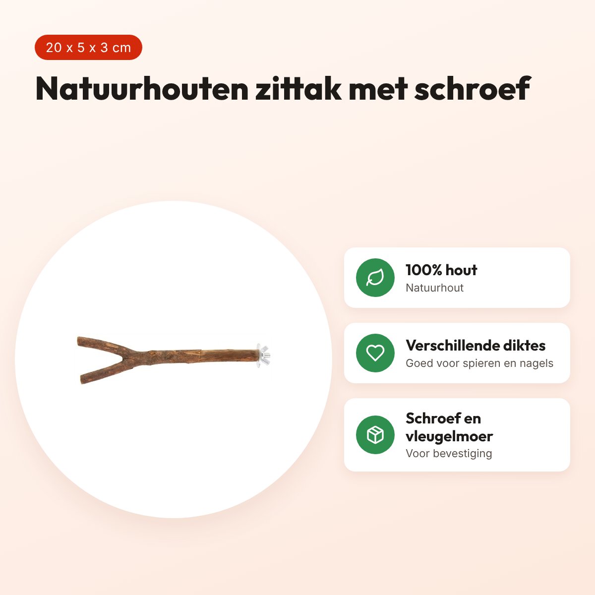Happy Pet vogelzittak Natural 20 x 5 x 3 cm – natuurhout met schroef – voordelen