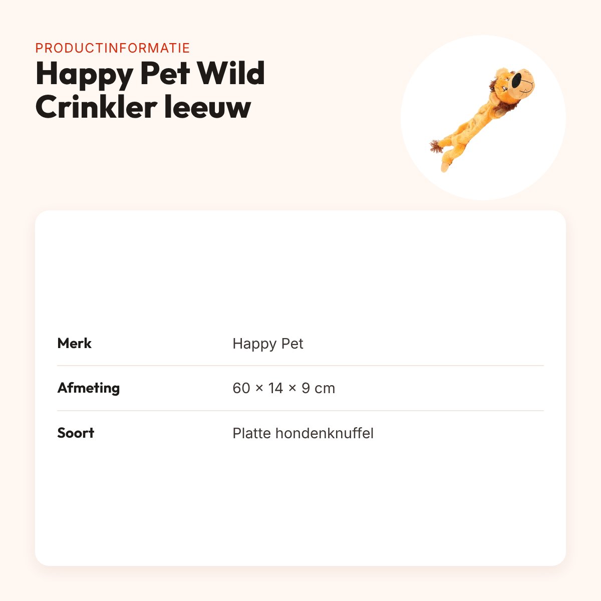 Happy Pet Wild Crinkler leeuw 60 x 14 x 9 cm – platte hondenknuffel – productinformatie