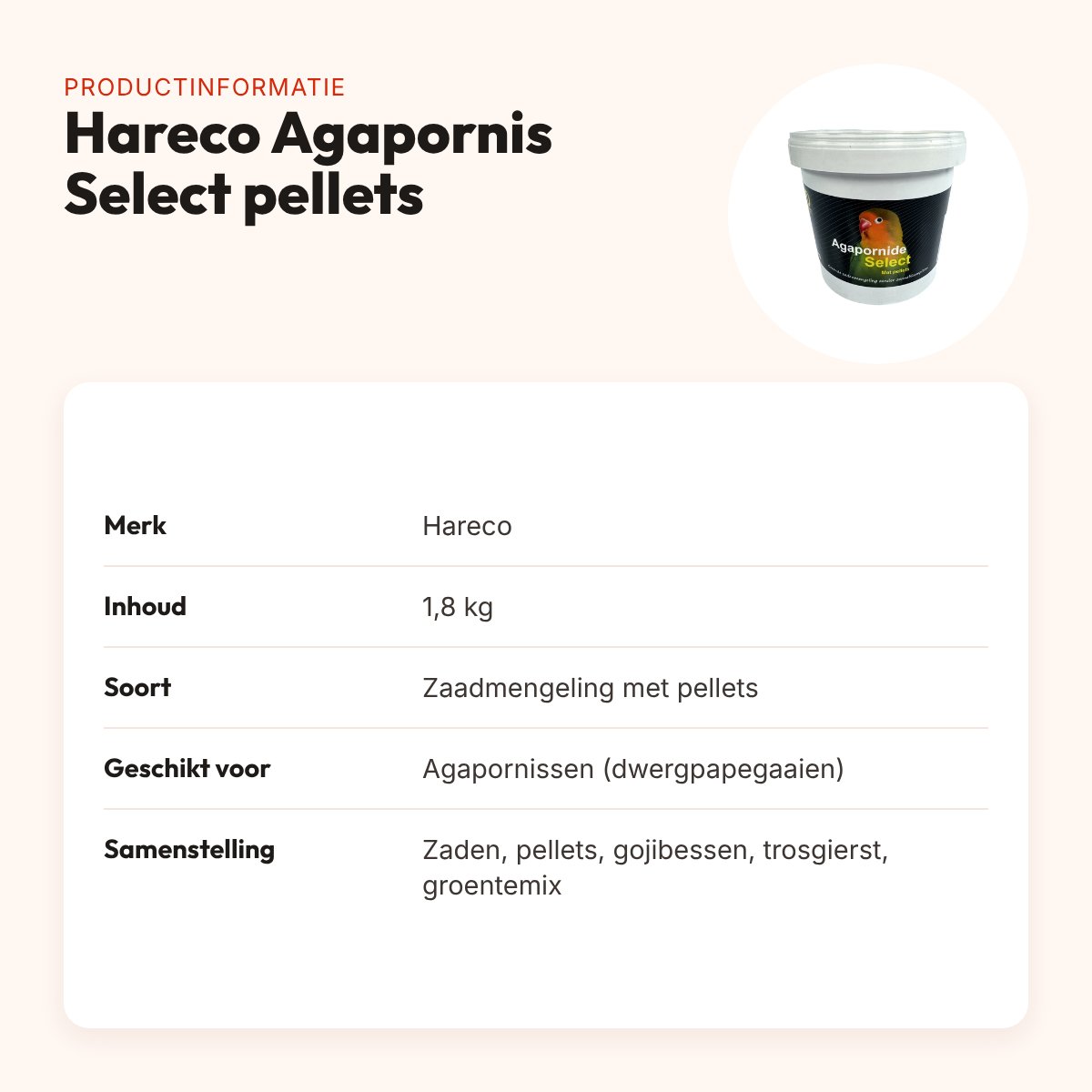 Hareco Agapornis Select vogelvoer met pellets 1,8 kg – productinformatie