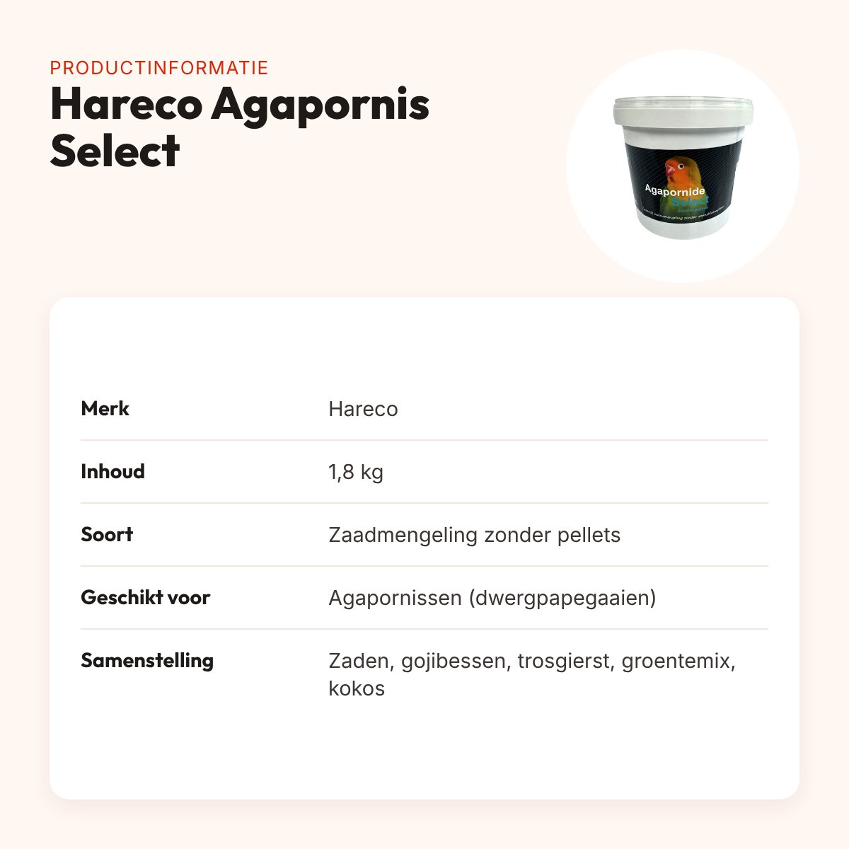 Hareco Agapornis Select vogelvoer zonder pellets 1,8 kg – productinformatie