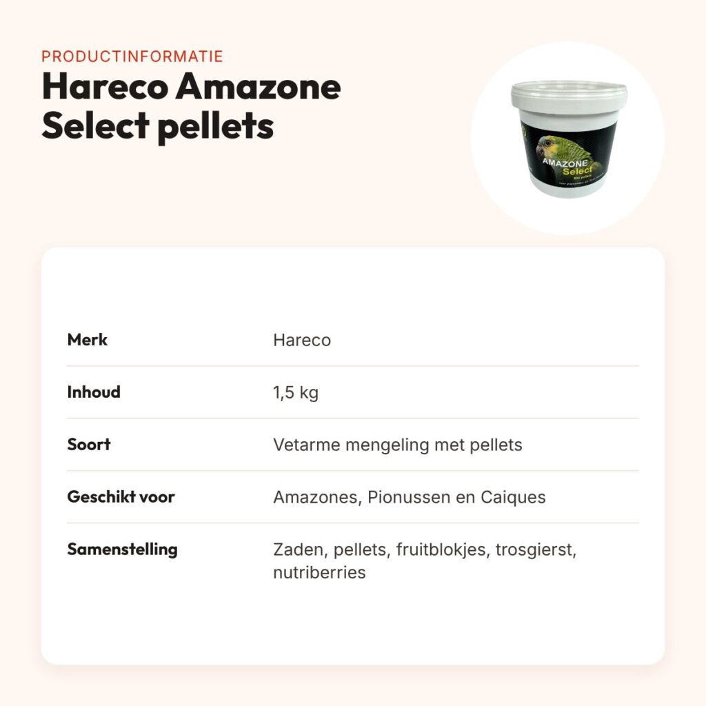 Hareco Amazone Select papegaaienvoer met pellets 1,5 kg – vetarm – productinformatie
