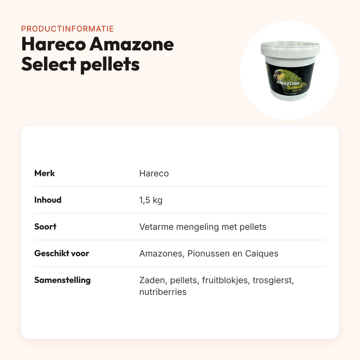 Hareco Amazone Select papegaaienvoer met pellets 1,5 kg – vetarm – productinformatie