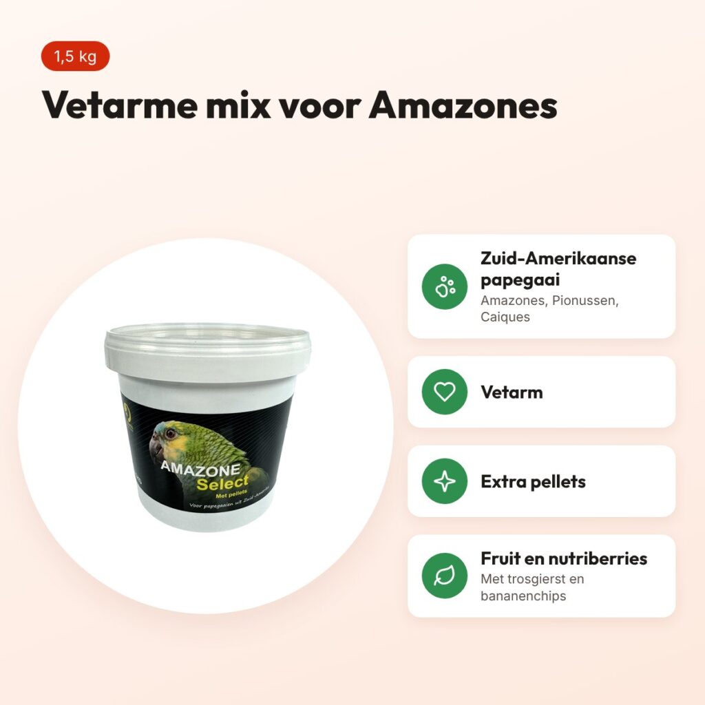 Hareco Amazone Select papegaaienvoer met pellets 1,5 kg – vetarm – voordelen