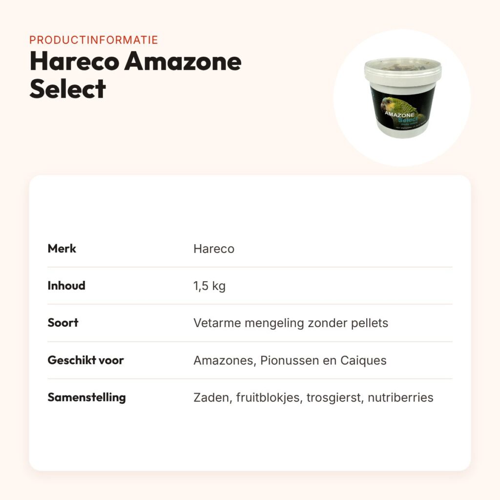 Hareco Amazone Select papegaaienvoer zonder pellets 1,5 kg – vetarm – productinformatie