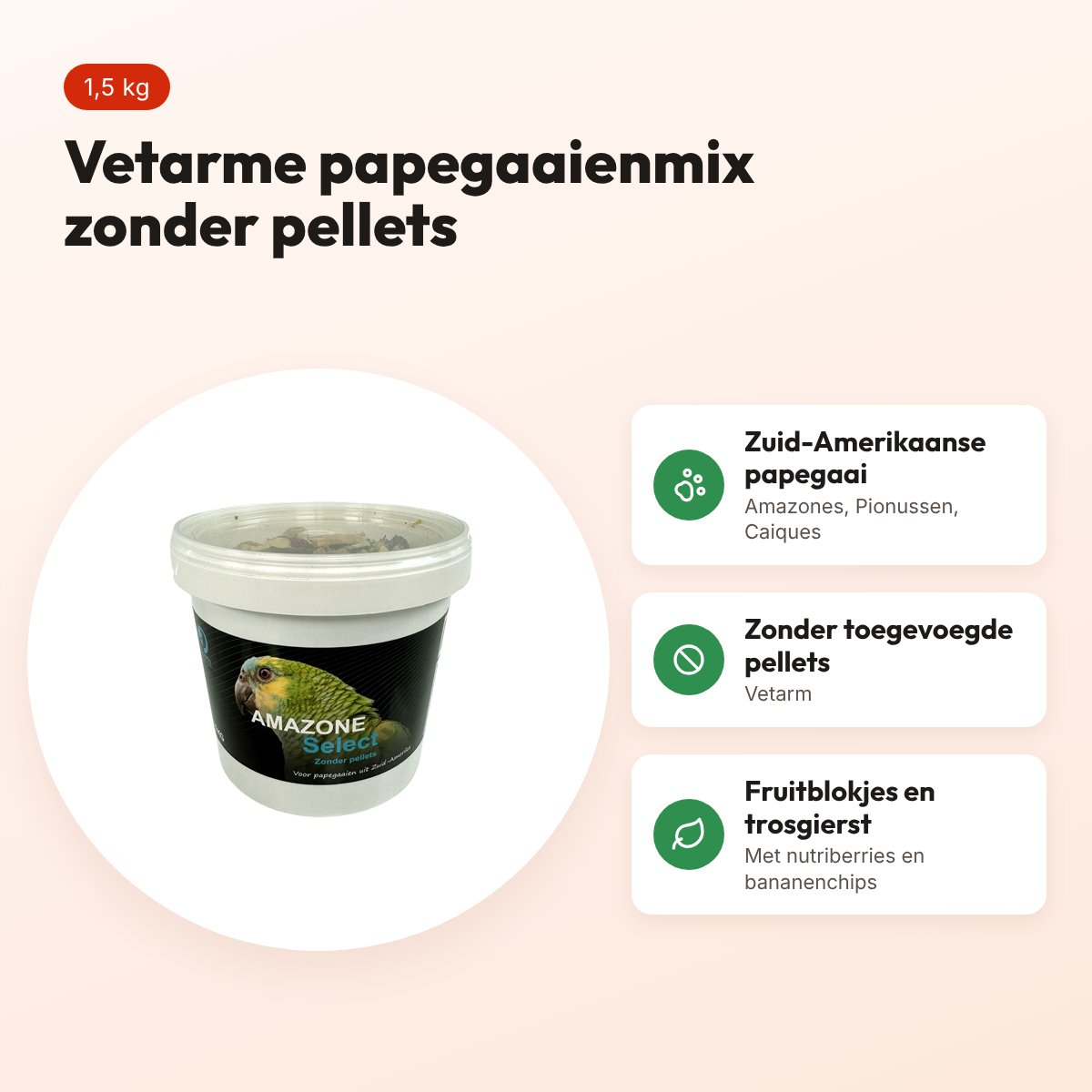 Hareco Amazone Select papegaaienvoer zonder pellets 1,5 kg – vetarm – voordelen