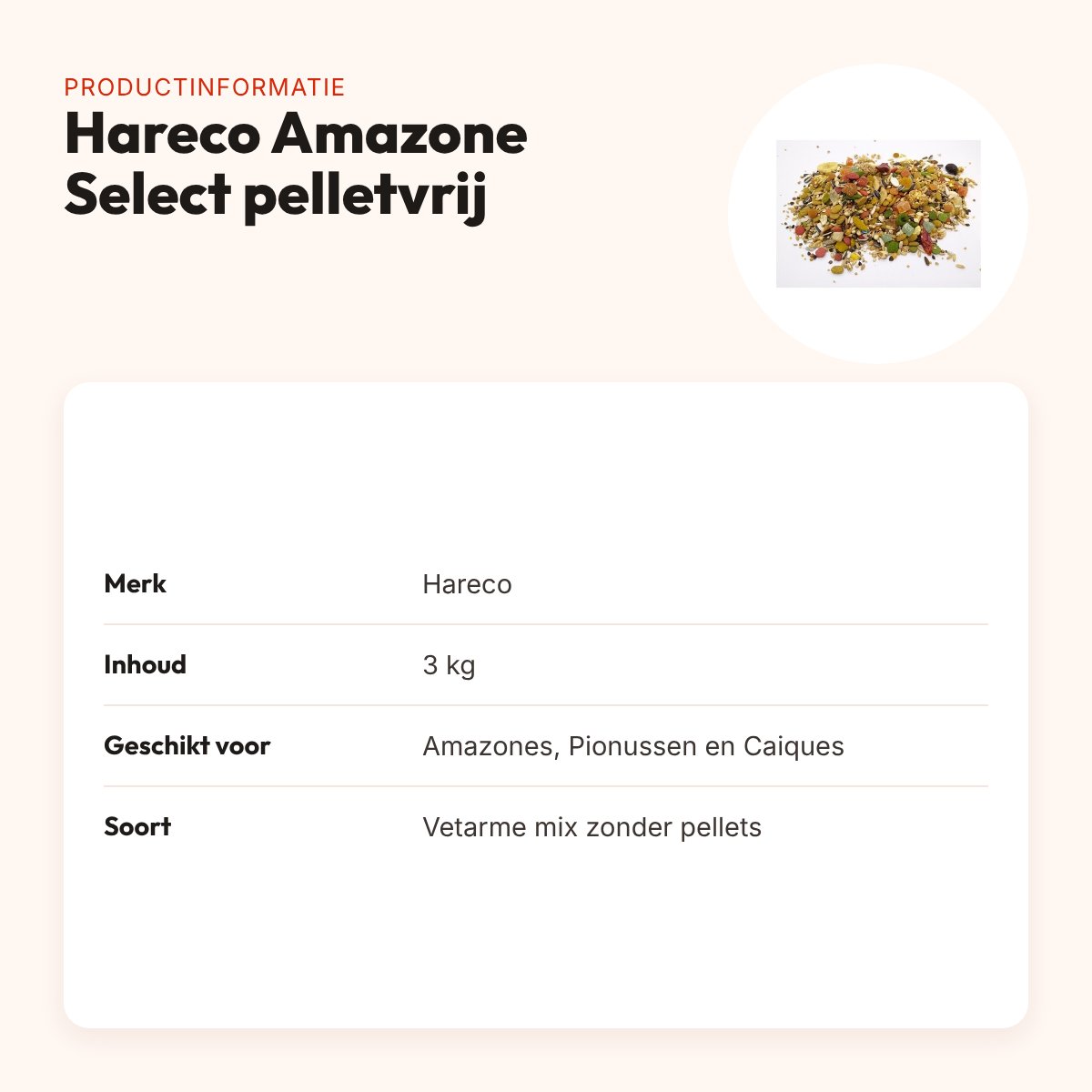 Hareco Amazone Select papegaaienvoer zonder pellets 3 kg – vetarm – productinformatie
