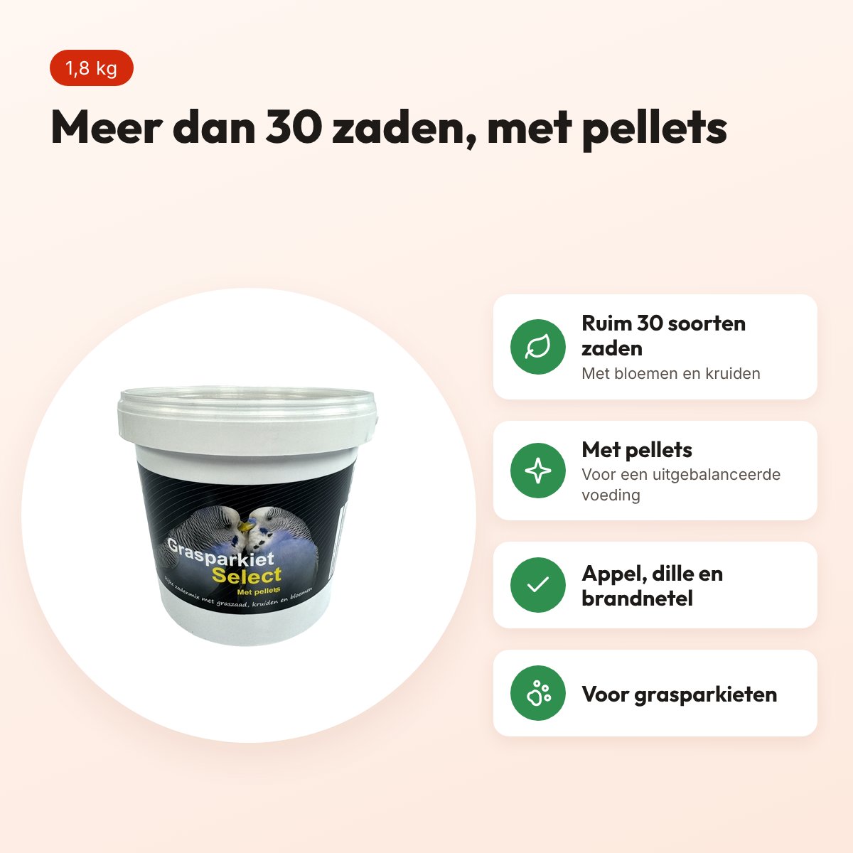 Hareco Grasparkiet Select vogelvoer met pellets 1,8 kg – voordelen