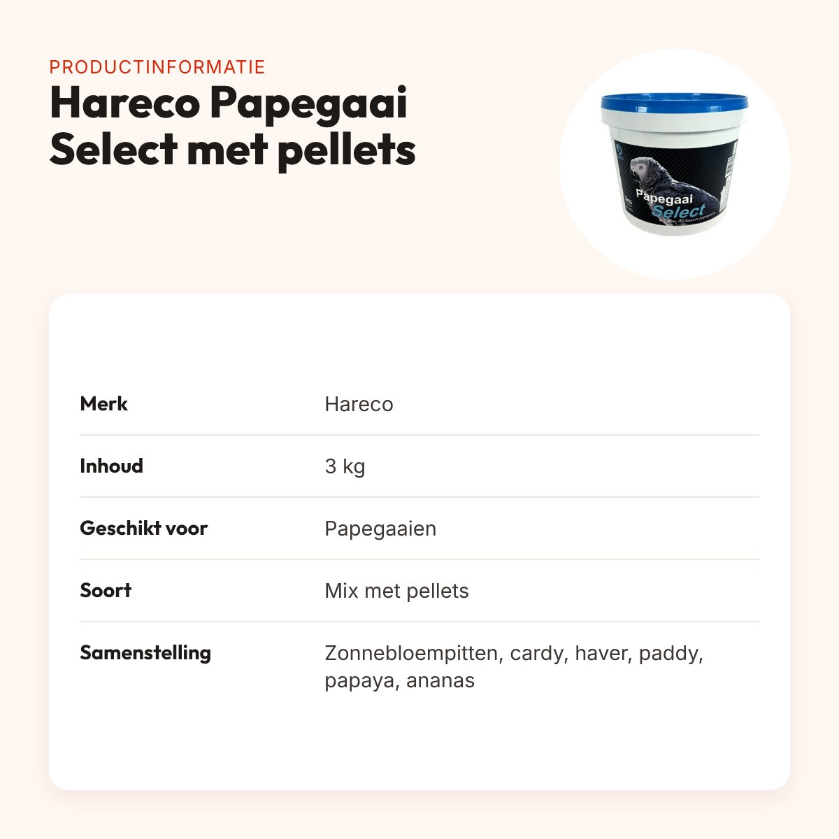 Hareco Papegaai Select papegaaienvoer met pellets 3 kg – fruitblokjes – productinformatie