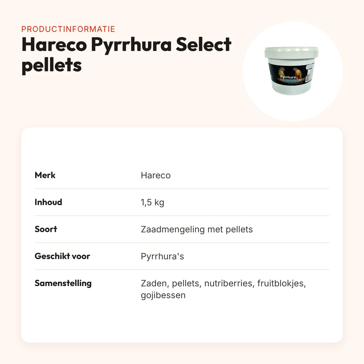 Hareco Pyrrhura Select vogelvoer met pellets 1,5 kg – productinformatie