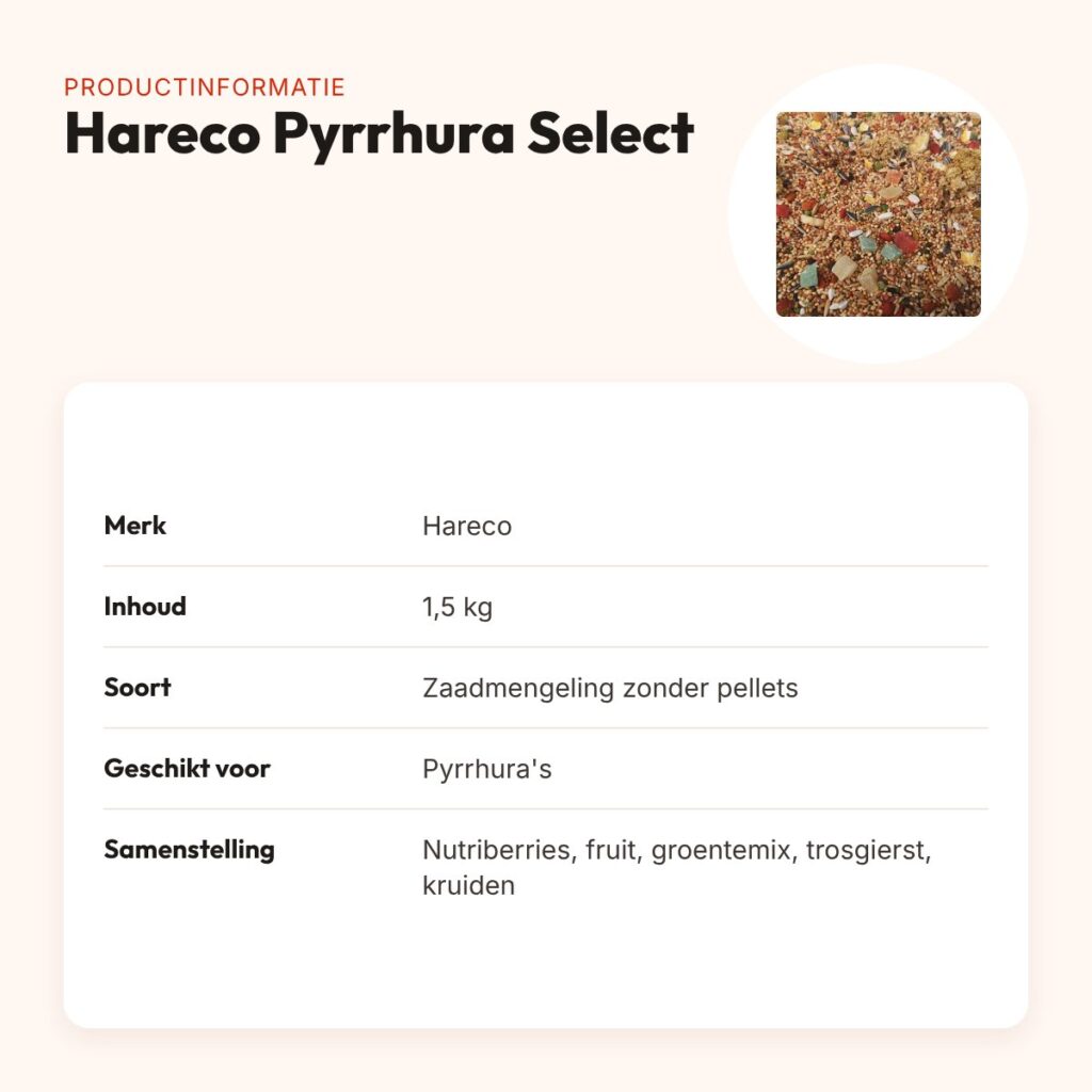 Hareco Pyrrhura Select vogelvoer zonder pellets 1,5 kg – productinformatie